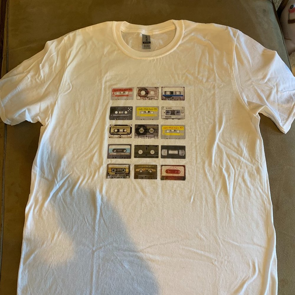 Size L White T-Shirt with Vintage Cassette Tapes - Never worn